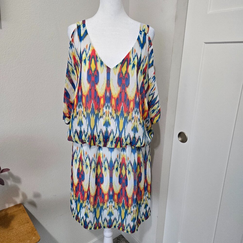 Bisou Bisou Michele Bohbot Multicolor Vneck Open Sleeve Lined Dress Sz 16
